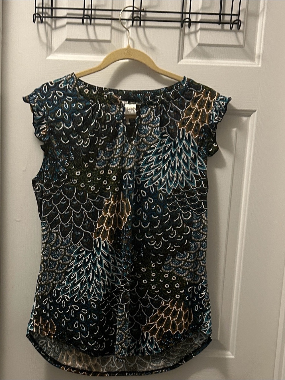 PerSeption Concept Black Teal and Gold Floral-Feather Cap-Sleeve Blouse